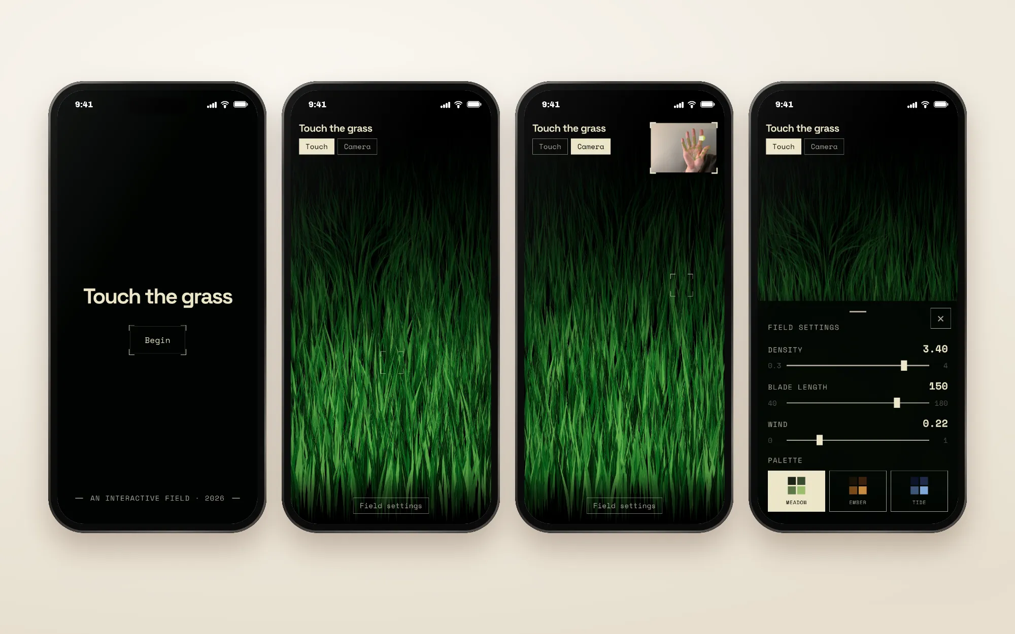 Four phones in a row: the start screen with a Begin button, the grass in touch mode, the grass in camera mode with a hand in the corner, and the field settings for density, blade length, wind and color palette.