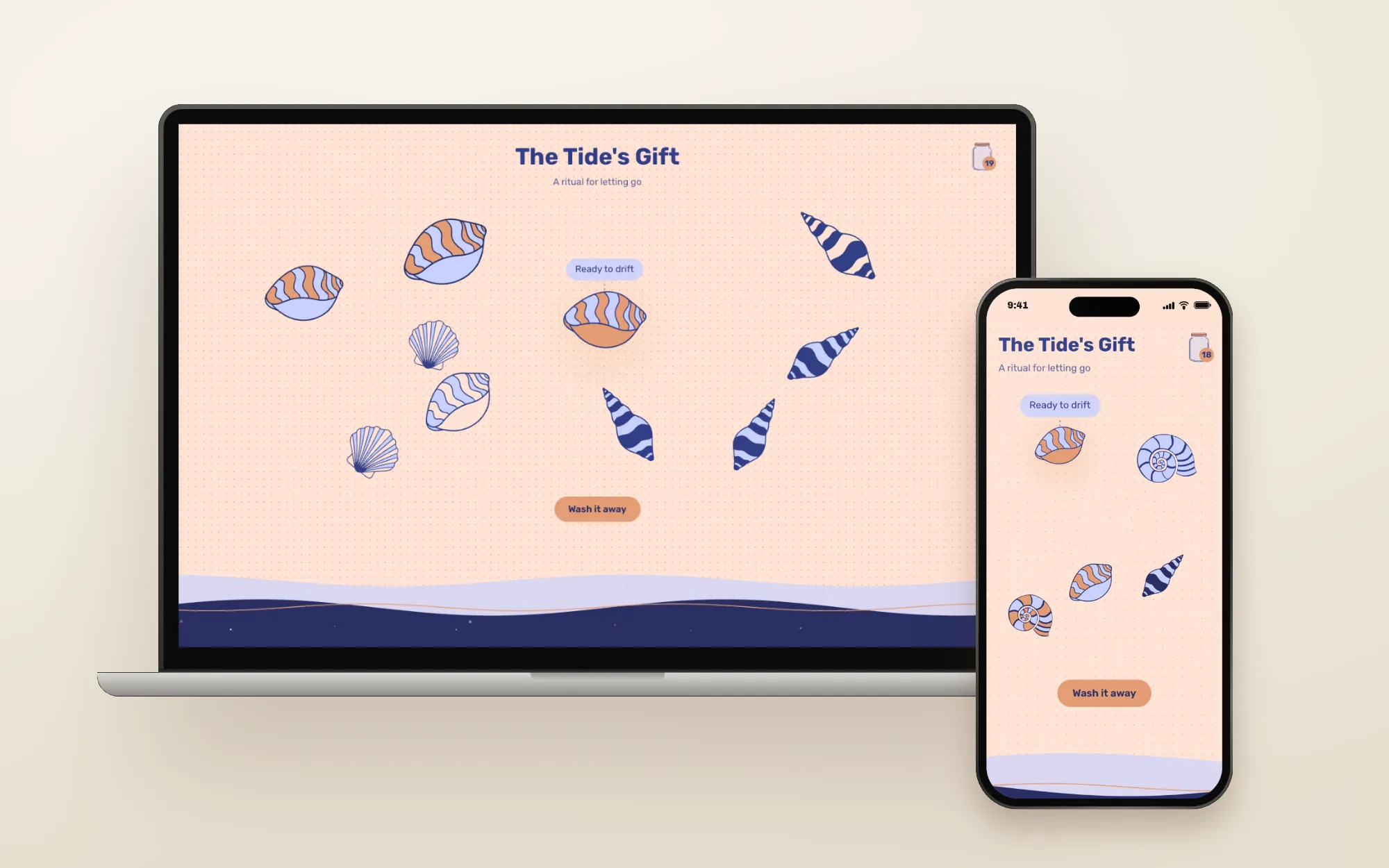 A laptop and a phone showing the same beach of shells, each with the jar in the corner and a Wash it away button.