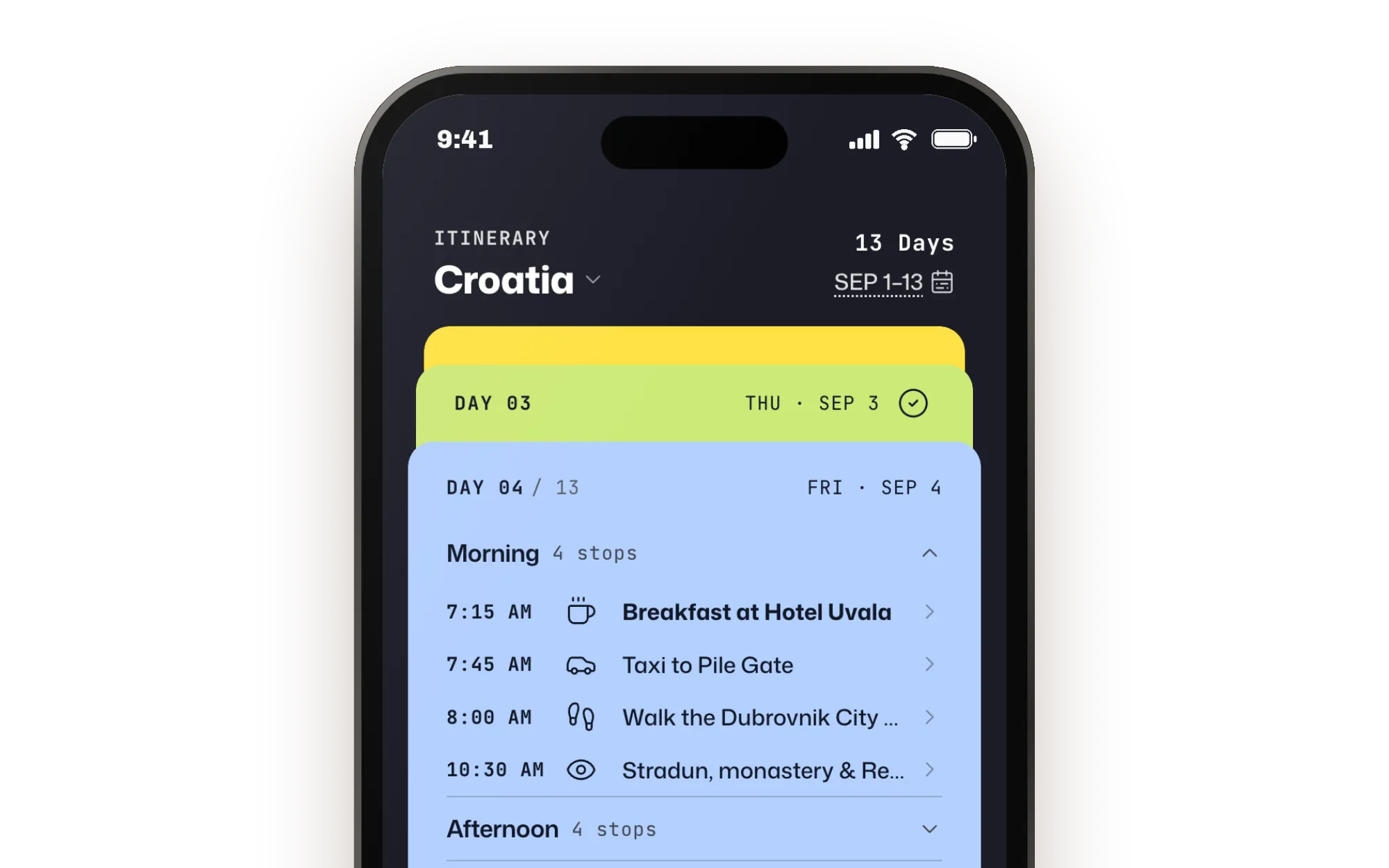 A phone, close: the day card for day 4 of a trip to Croatia, with the morning's stops listed by time, from breakfast at the hotel to a walk on the Dubrovnik city walls.