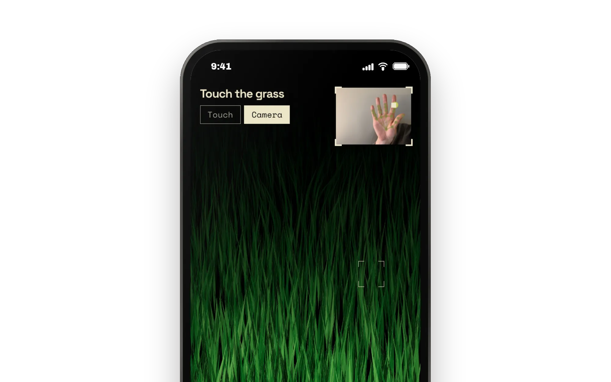 A phone, close, in camera mode: a dark field of green grass, with a small camera view in the corner tracking a hand.