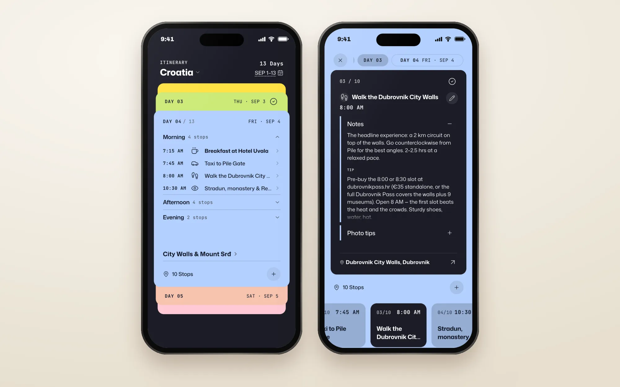 Two phones. On the left, the day card for day 4 with its stops. On the right, the stop it opens: the Dubrovnik City Walls at 8:00 AM, with notes, a tip and its place on the map.