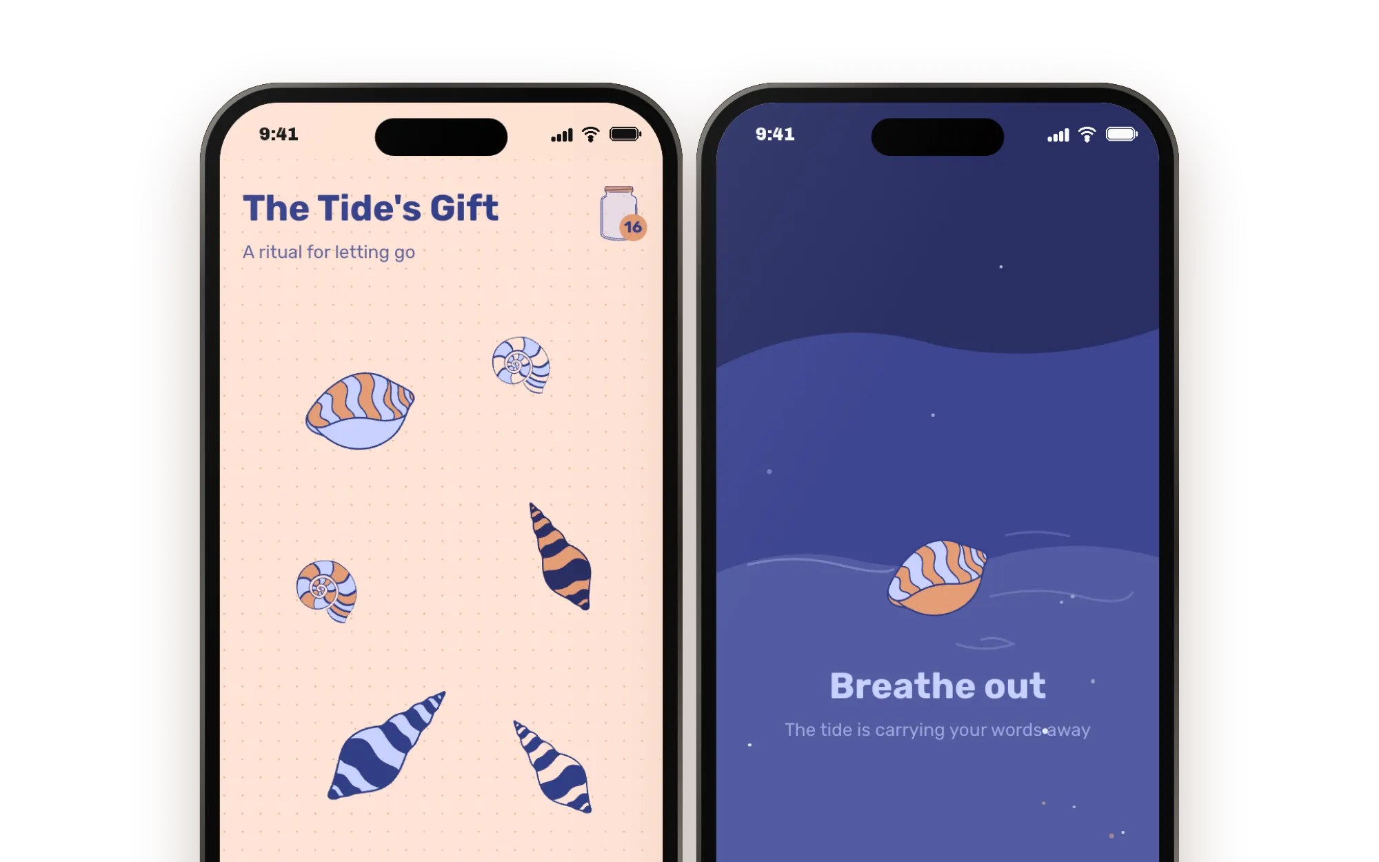 Two phones, close. On the left, the beach: shells scattered on the sand and a jar holding 16 pieces of sea glass. On the right, a wave carrying a shell away under the words Breathe out.